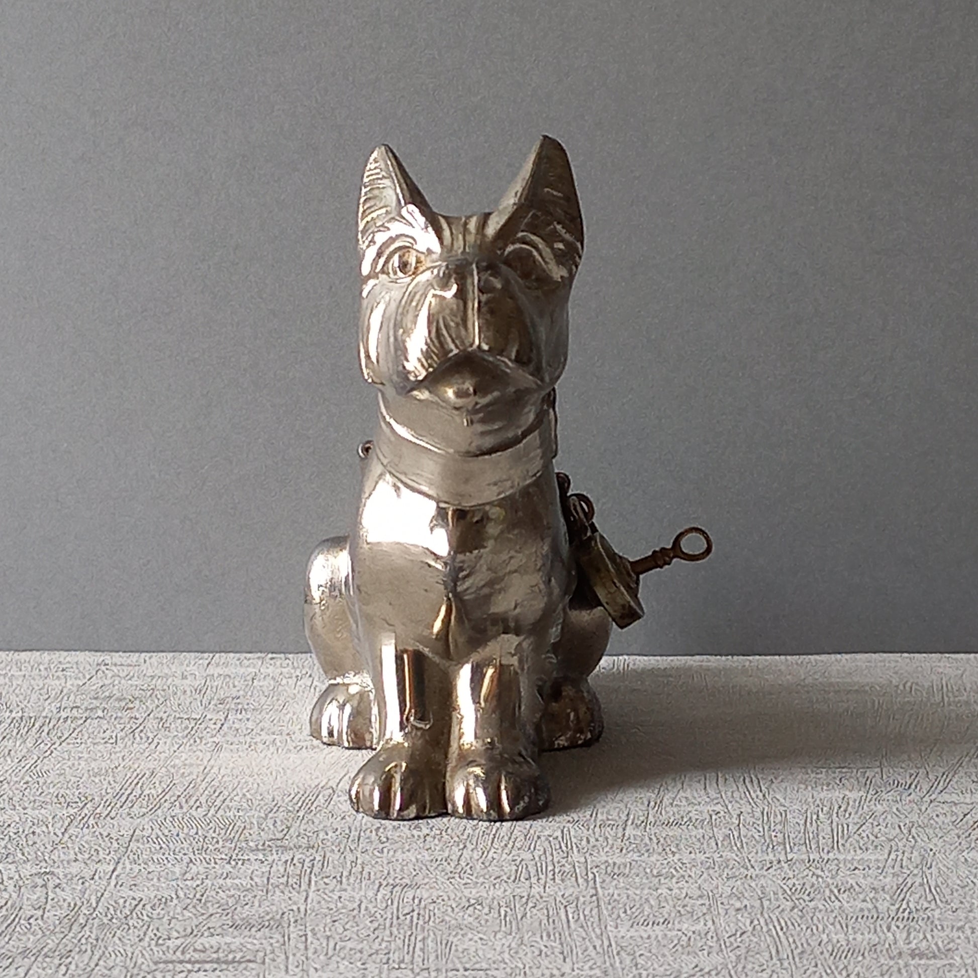 A fabulous French art deco metal terrier dog money box/coin storage box complete with a little padlock and key which still work. 

This unique piece of history was purchased in south west France and we can only imagine who once owned it and what they might have saved their coins to buy.