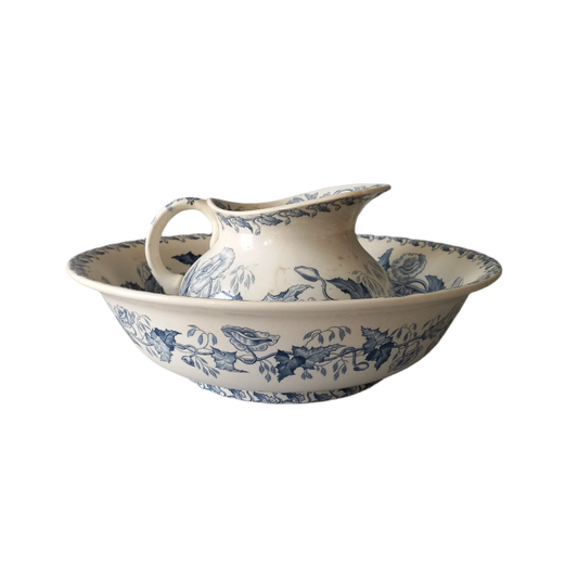 French antique ironstone pitcher and bowl wash set with blue floral pattern, Sarreguemines jug and bowl