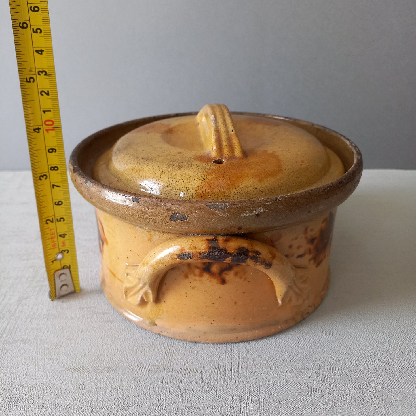 Antique casserole dish from France, ochre stoneware terrine