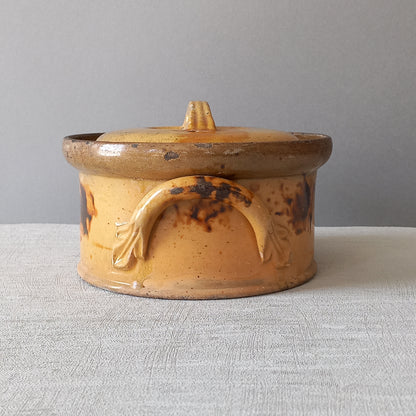 Antique casserole dish from France, ochre stoneware terrine