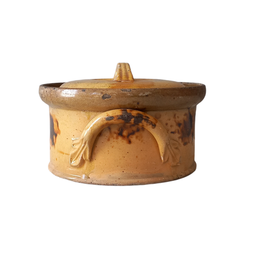 Antique casserole dish from France, ochre stoneware terrine