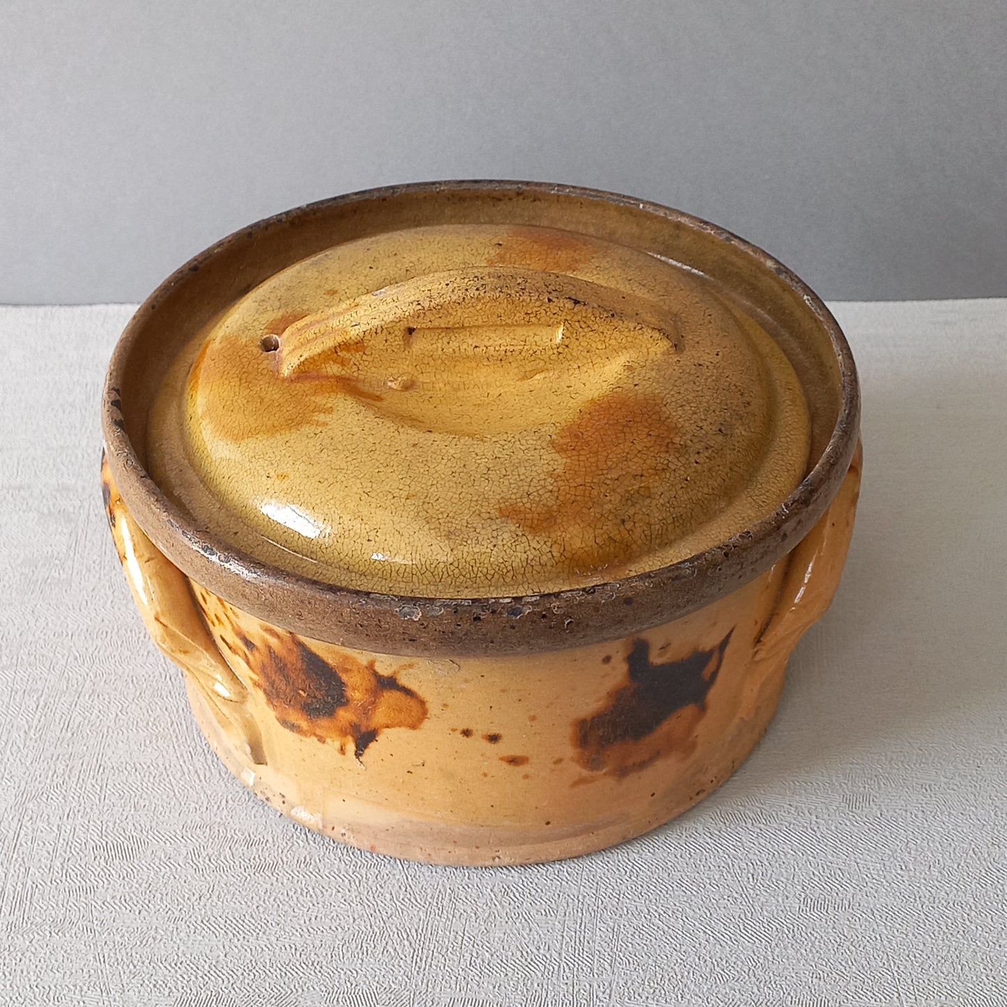 Antique casserole dish from France, ochre stoneware terrine