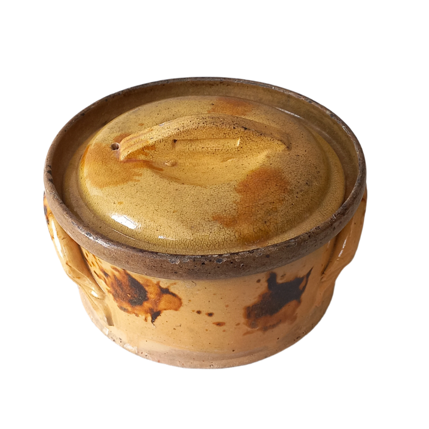 Antique casserole dish from France, ochre stoneware terrine