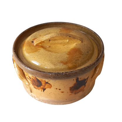 Antique casserole dish from France, ochre stoneware terrine