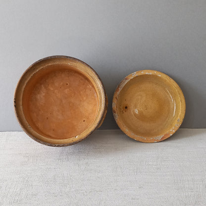 Antique casserole dish from France, ochre stoneware terrine
