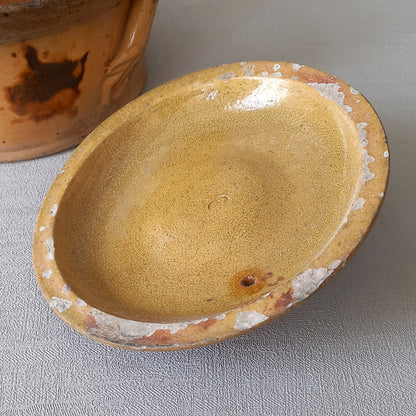 Antique casserole dish from France, ochre stoneware terrine