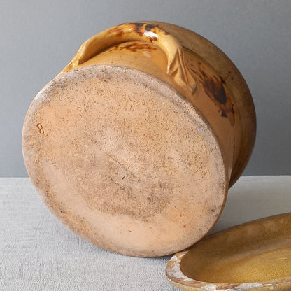 Antique casserole dish from France, ochre stoneware terrine