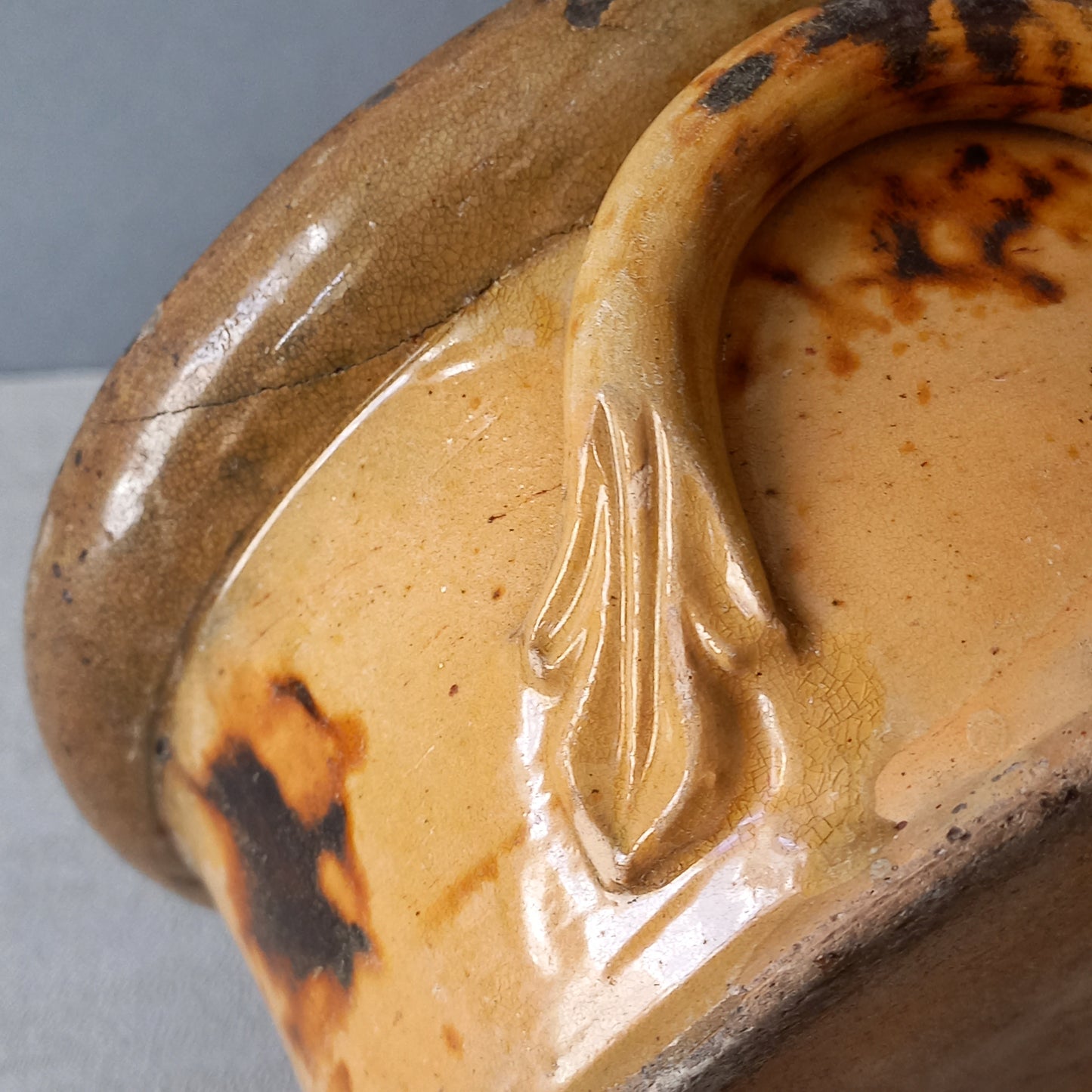 Antique casserole dish from France, ochre stoneware terrine