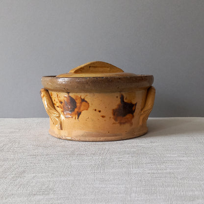 Antique casserole dish from France, ochre stoneware terrine