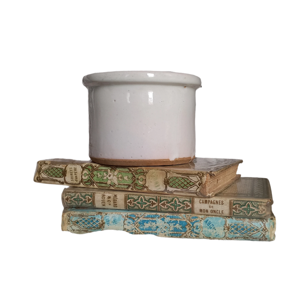 Small antique pottery crock pot with white glaze from France