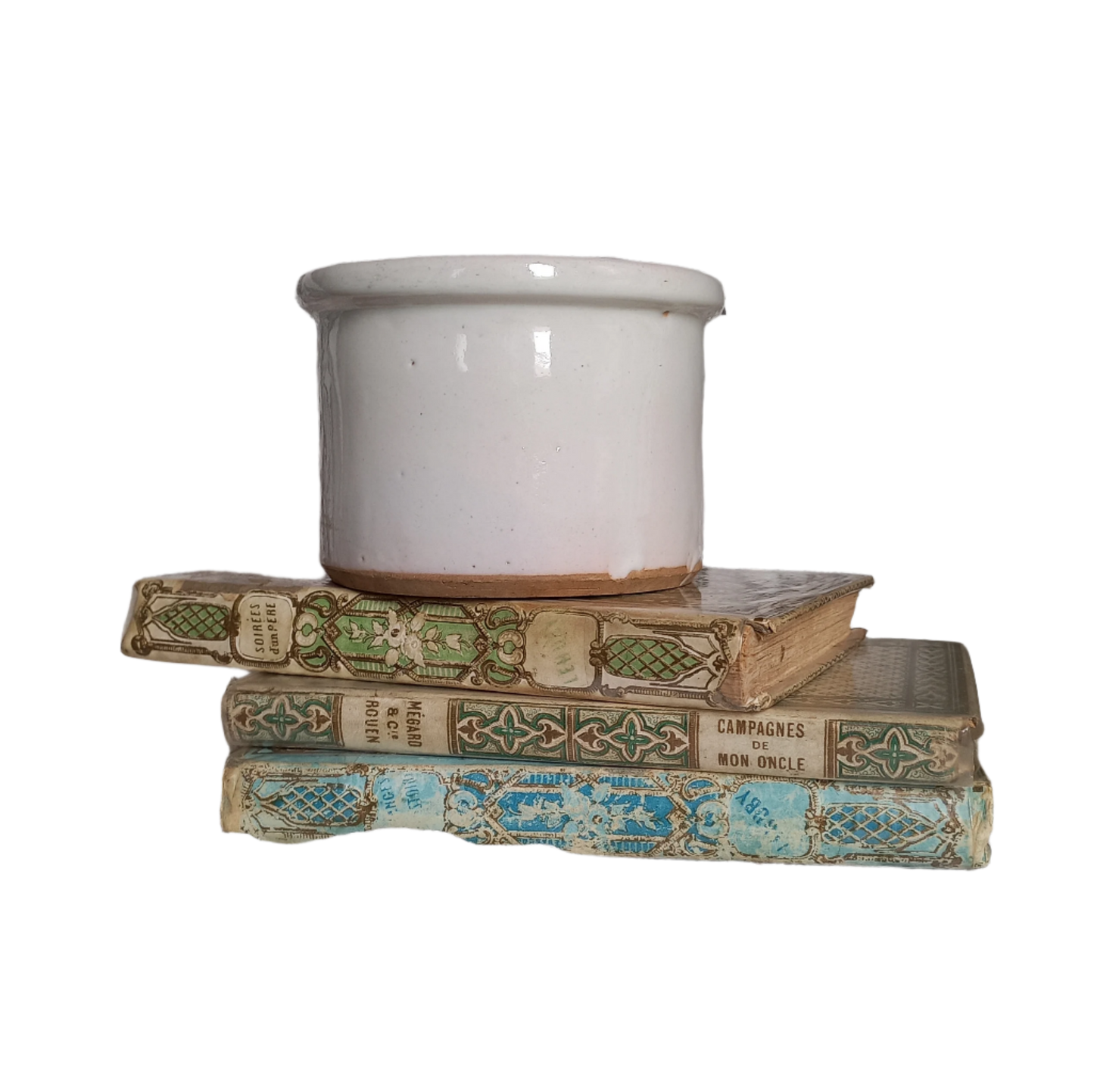 Small antique pottery crock pot with white glaze from France