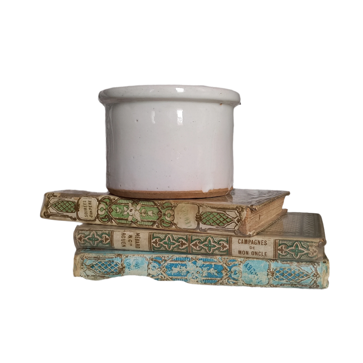 Small antique pottery crock pot with white glaze from France