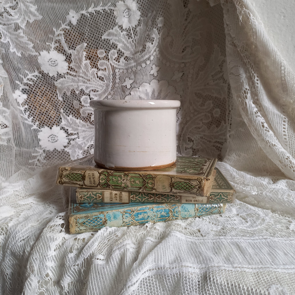 Small antique pottery crock pot with white glaze from France