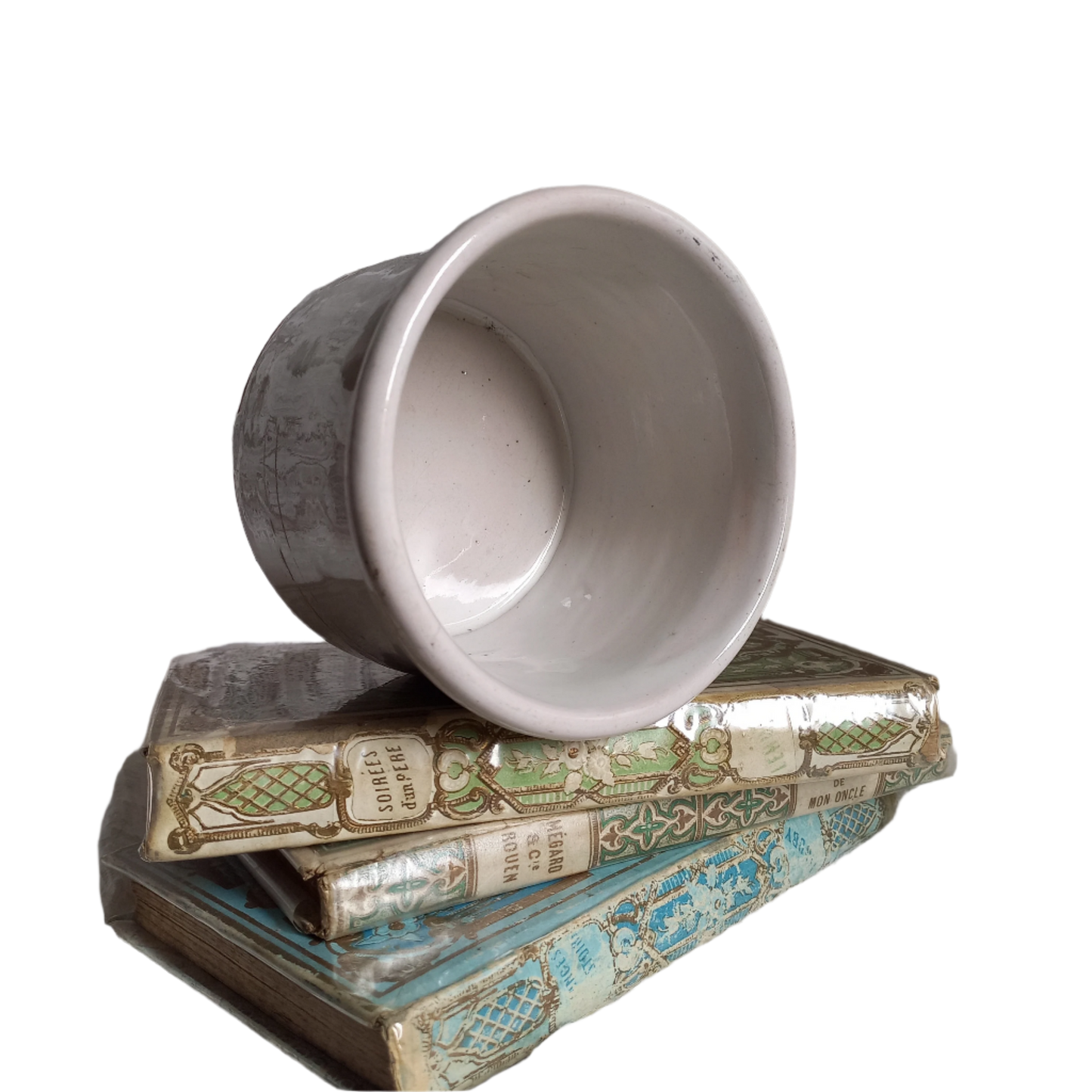 Small antique pottery crock pot with white glaze from France