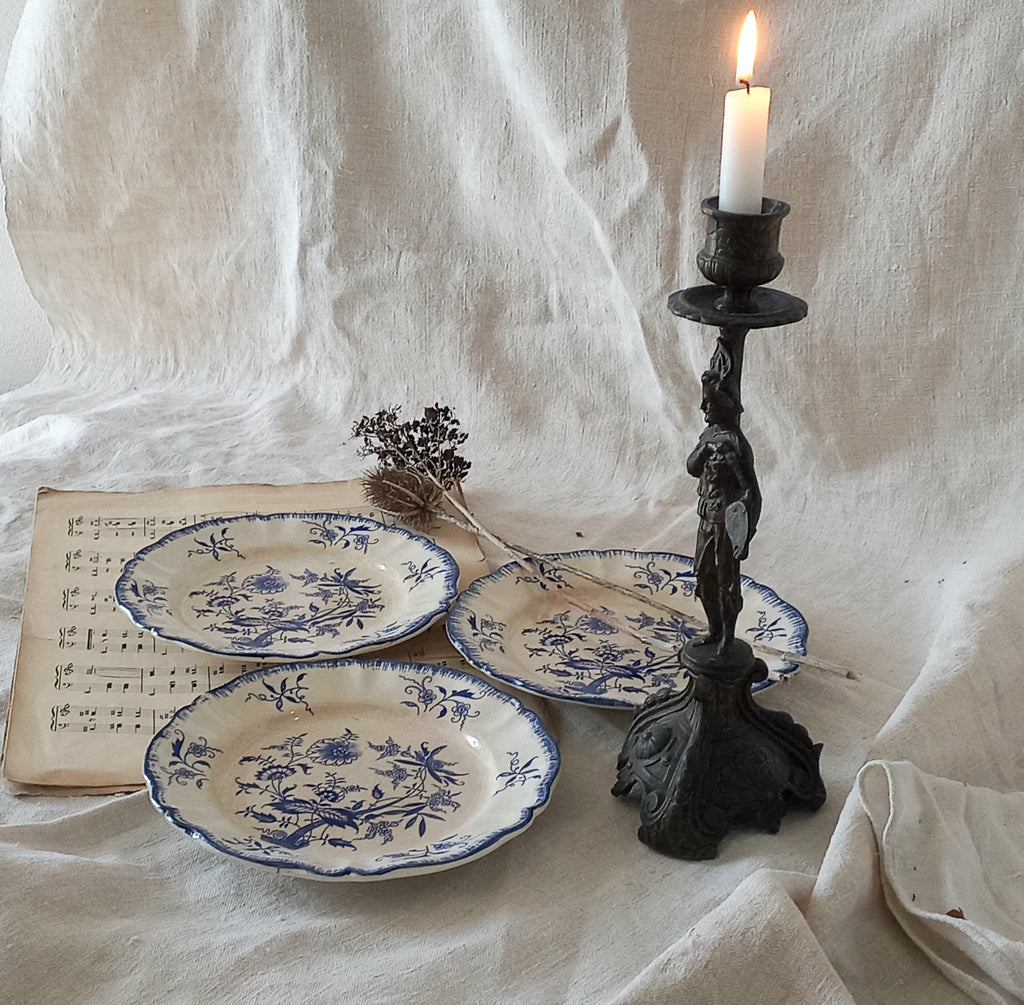 A charming set of 3 little antique white ironstone plates with beautiful blue floral transferware patterns. These little plates are called 'Lancaster' and although there is no maker's mark we have seen the same pattern and plate name manufactured by Sarreguemines.
