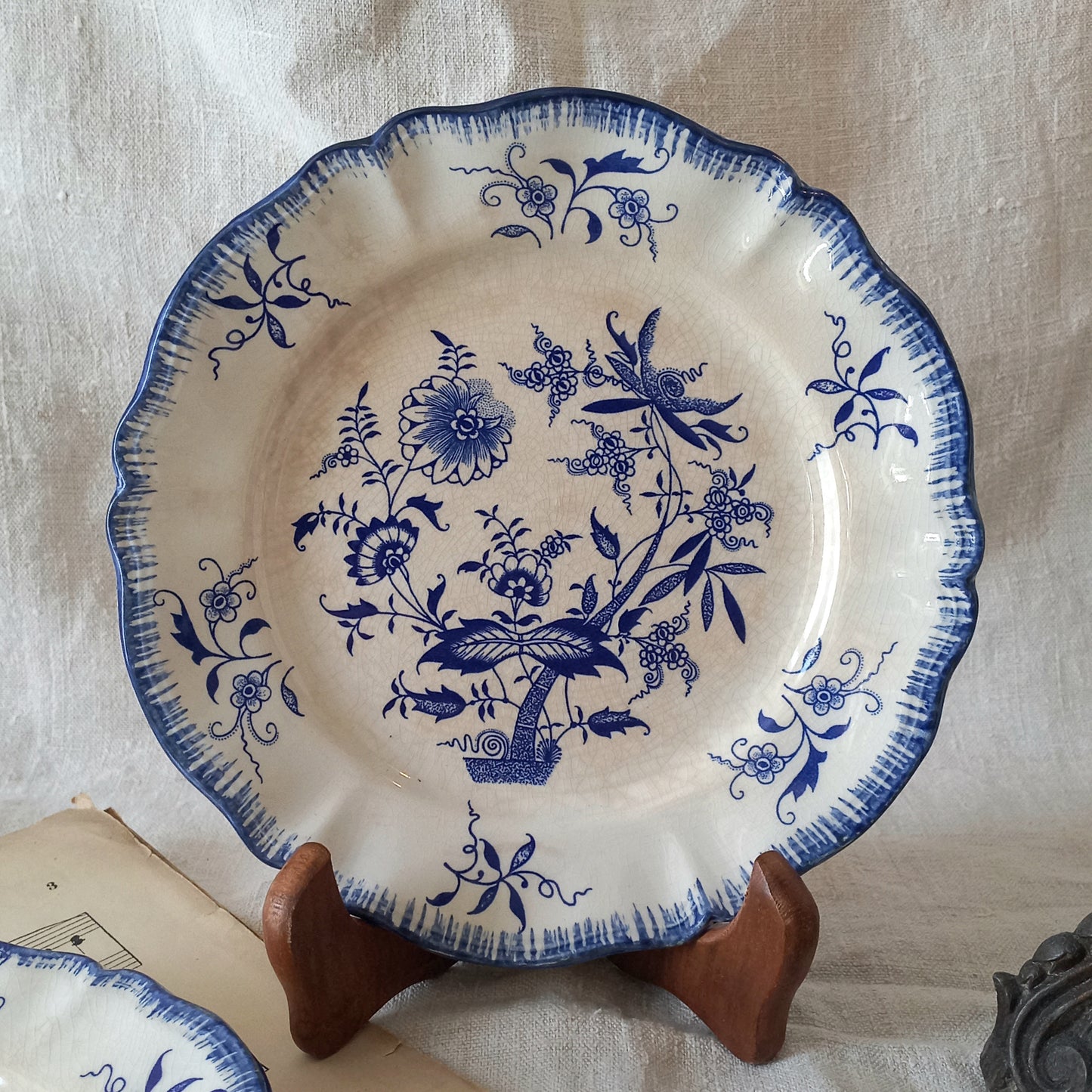 A charming set of 3 little antique white ironstone plates with beautiful blue floral transferware patterns. These little plates are called 'Lancaster' and although there is no maker's mark we have seen the same pattern and plate name manufactured by Sarreguemines.