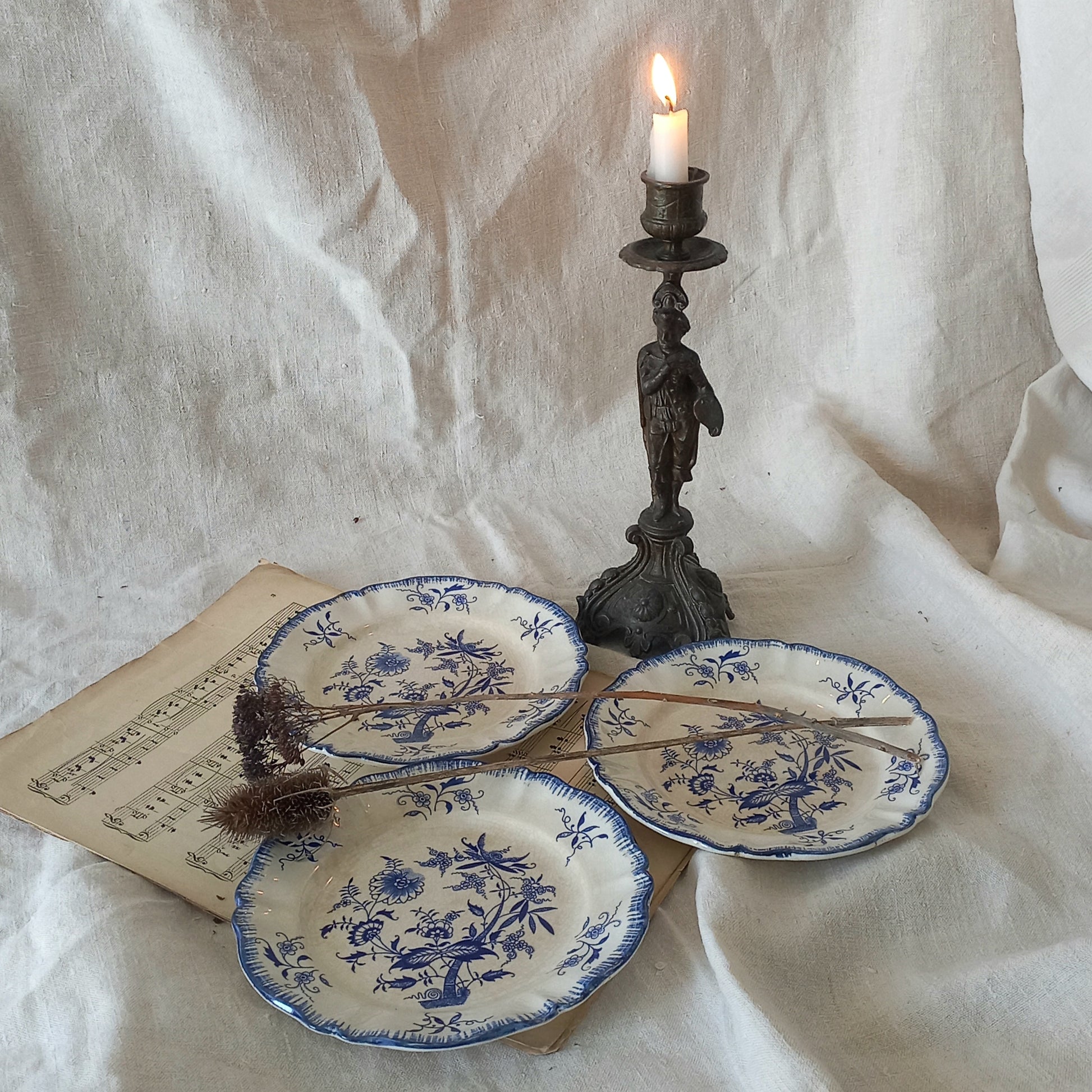 A charming set of 3 little antique white ironstone plates with beautiful blue floral transferware patterns. These little plates are called 'Lancaster' and although there is no maker's mark we have seen the same pattern and plate name manufactured by Sarreguemines.
