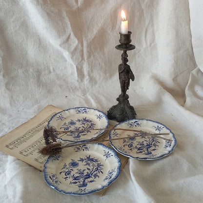 A charming set of 3 little antique white ironstone plates with beautiful blue floral transferware patterns. These little plates are called 'Lancaster' and although there is no maker's mark we have seen the same pattern and plate name manufactured by Sarreguemines.