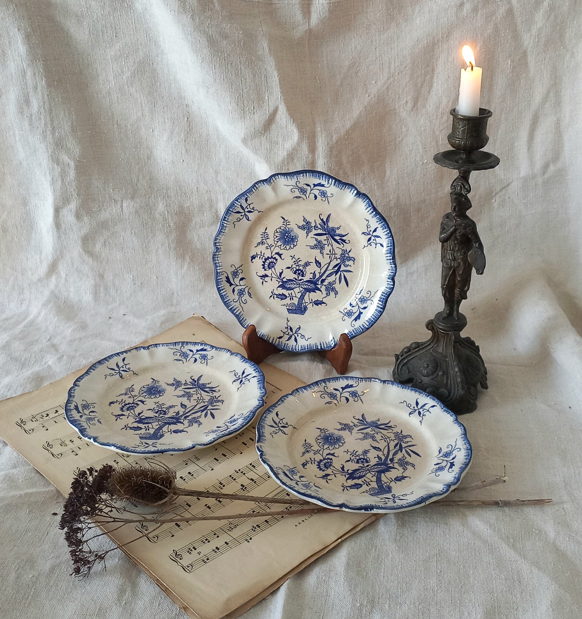 A charming set of 3 little antique white ironstone plates with beautiful blue floral transferware patterns. These little plates are called 'Lancaster' and although there is no maker's mark we have seen the same pattern and plate name manufactured by Sarreguemines.
