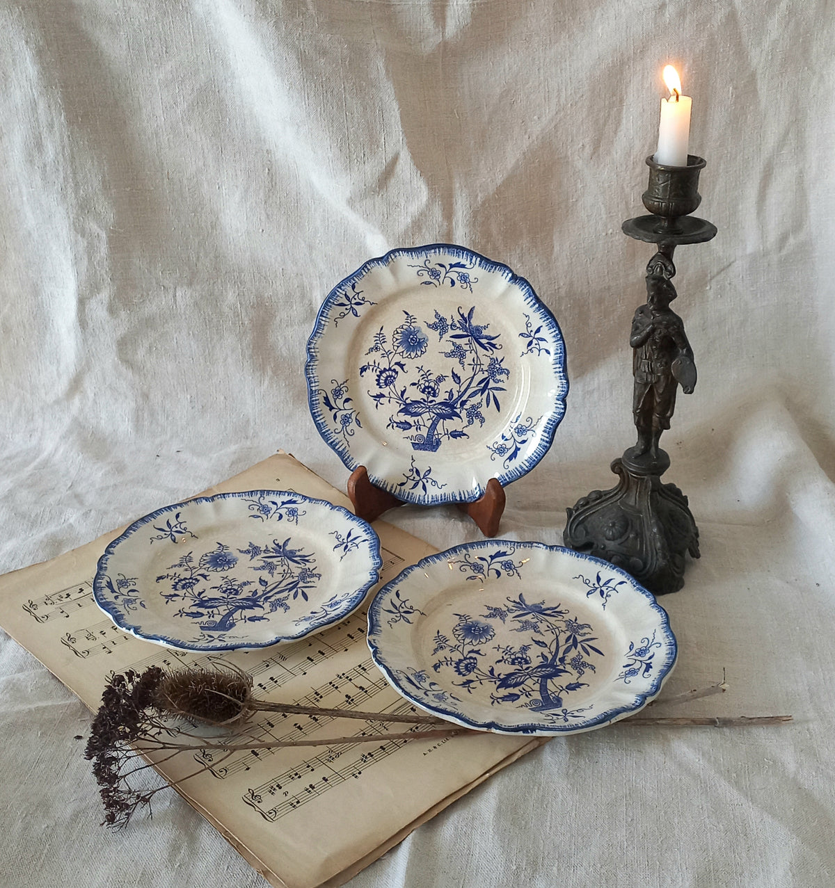 A charming set of 3 little antique white ironstone plates with beautiful blue floral transferware patterns. These little plates are called 'Lancaster' and although there is no maker's mark we have seen the same pattern and plate name manufactured by Sarreguemines.