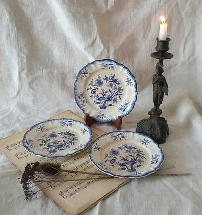 A charming set of 3 little antique white ironstone plates with beautiful blue floral transferware patterns. These little plates are called 'Lancaster' and although there is no maker's mark we have seen the same pattern and plate name manufactured by Sarreguemines.