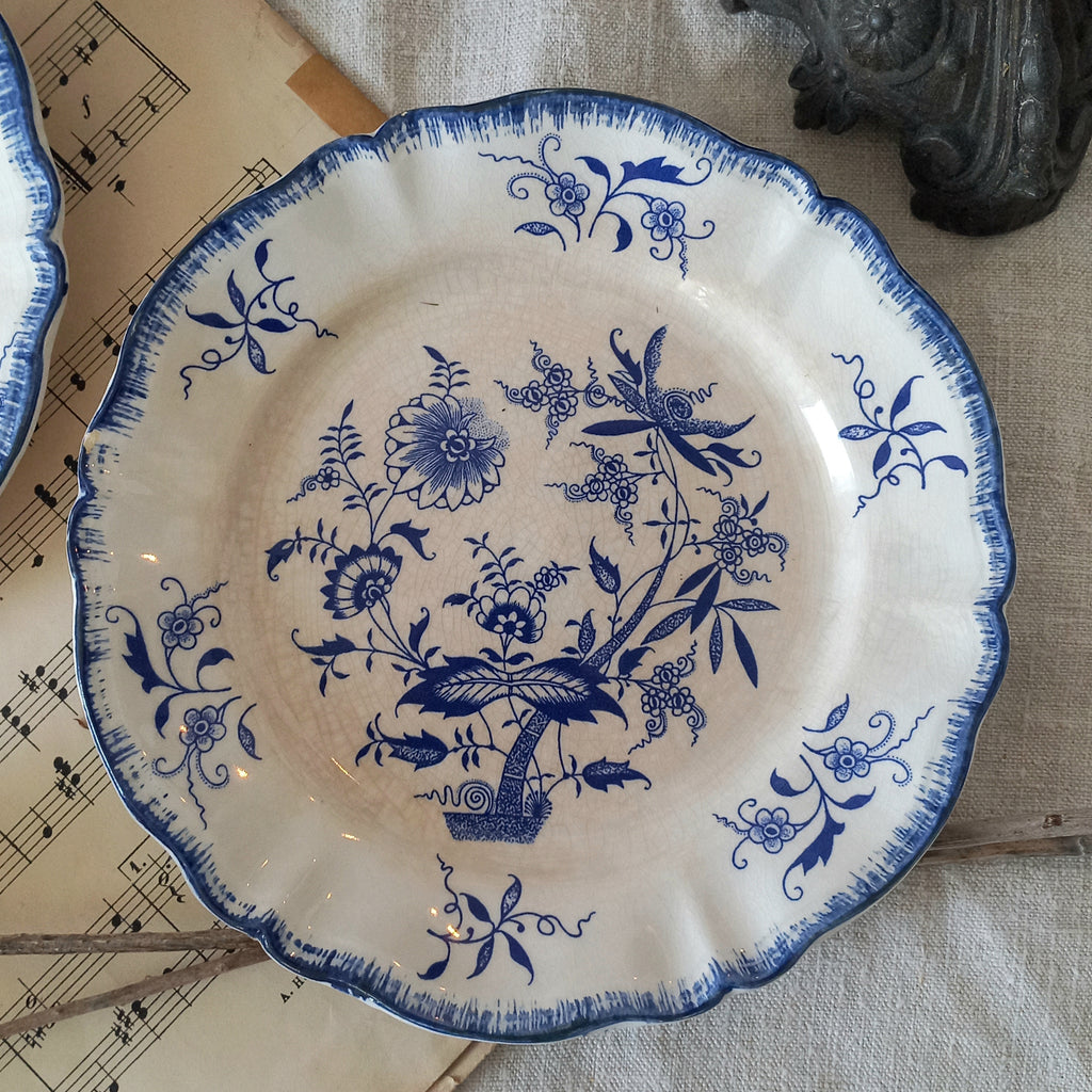 A charming set of 3 little antique white ironstone plates with beautiful blue floral transferware patterns. These little plates are called 'Lancaster' and although there is no maker's mark we have seen the same pattern and plate name manufactured by Sarreguemines.