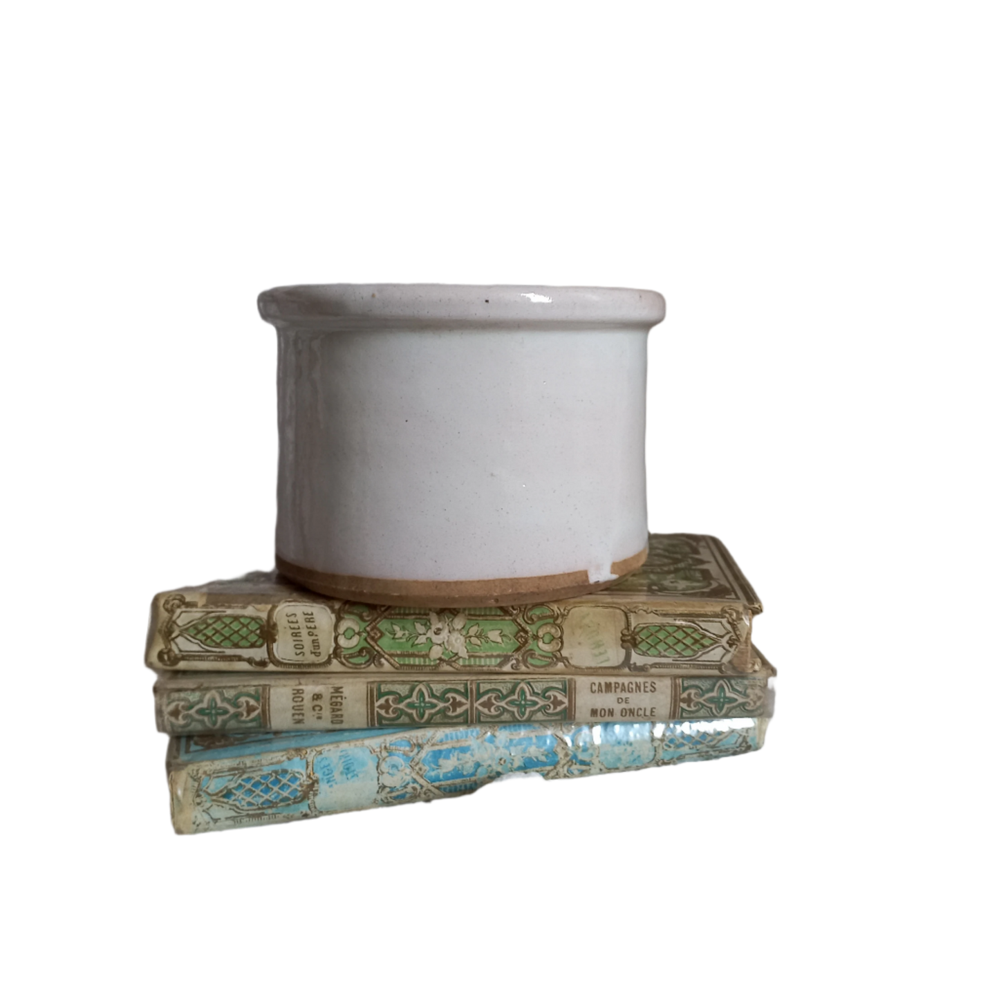 White glazed pottery crock pot, French antique utensil storage pot