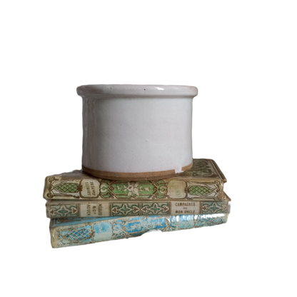 White glazed pottery crock pot, French antique utensil storage pot