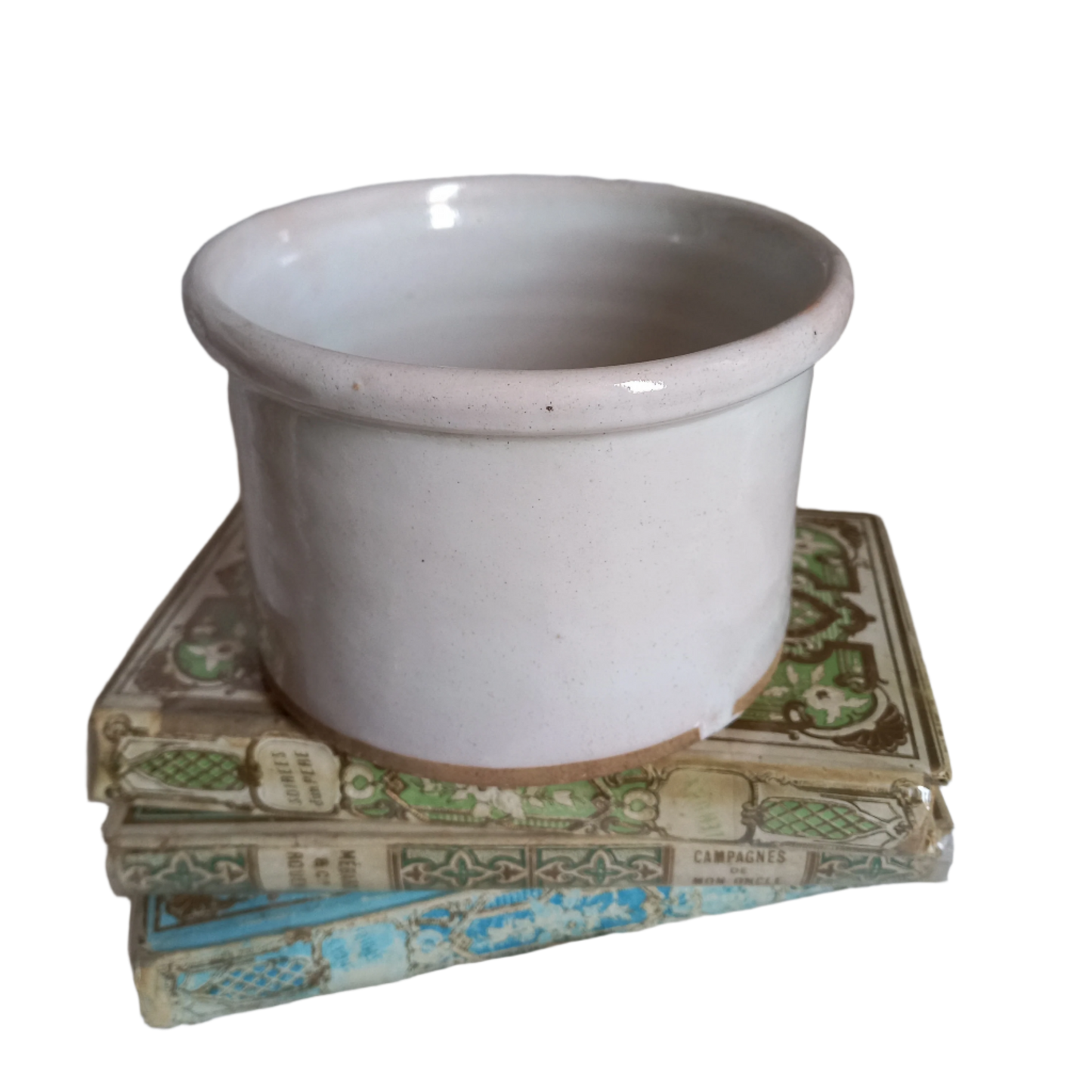 White glazed pottery crock pot, French antique utensil storage pot