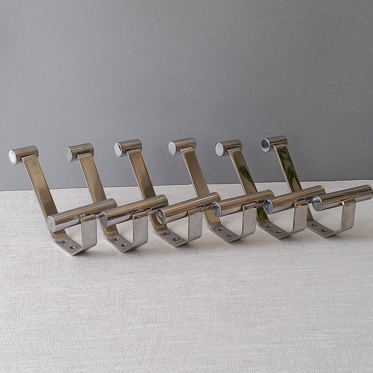 Set of 6 mid-century coat hooks, polished metal, hat hooks