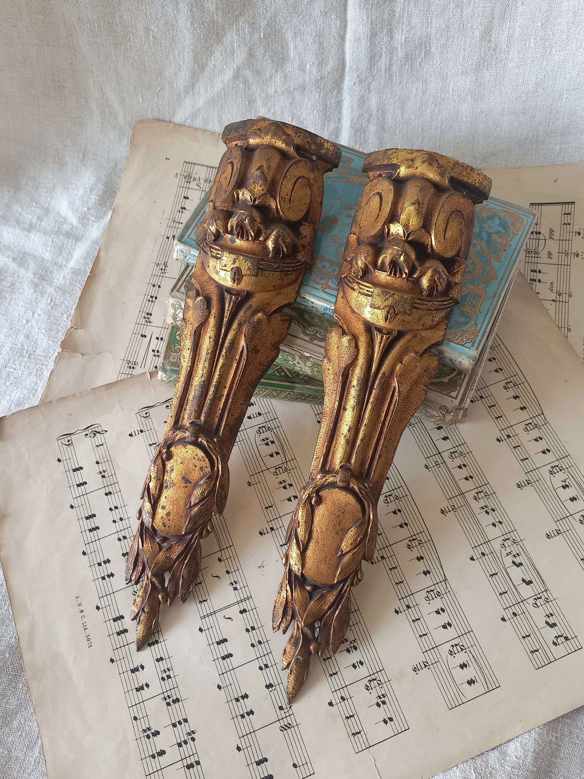 A stunning pair of French antique furniture decorations/ornaments - these salvaged hardware pieces are highly decorative in detail and eye-catching with their wonderful time-worn bronze finishes. 