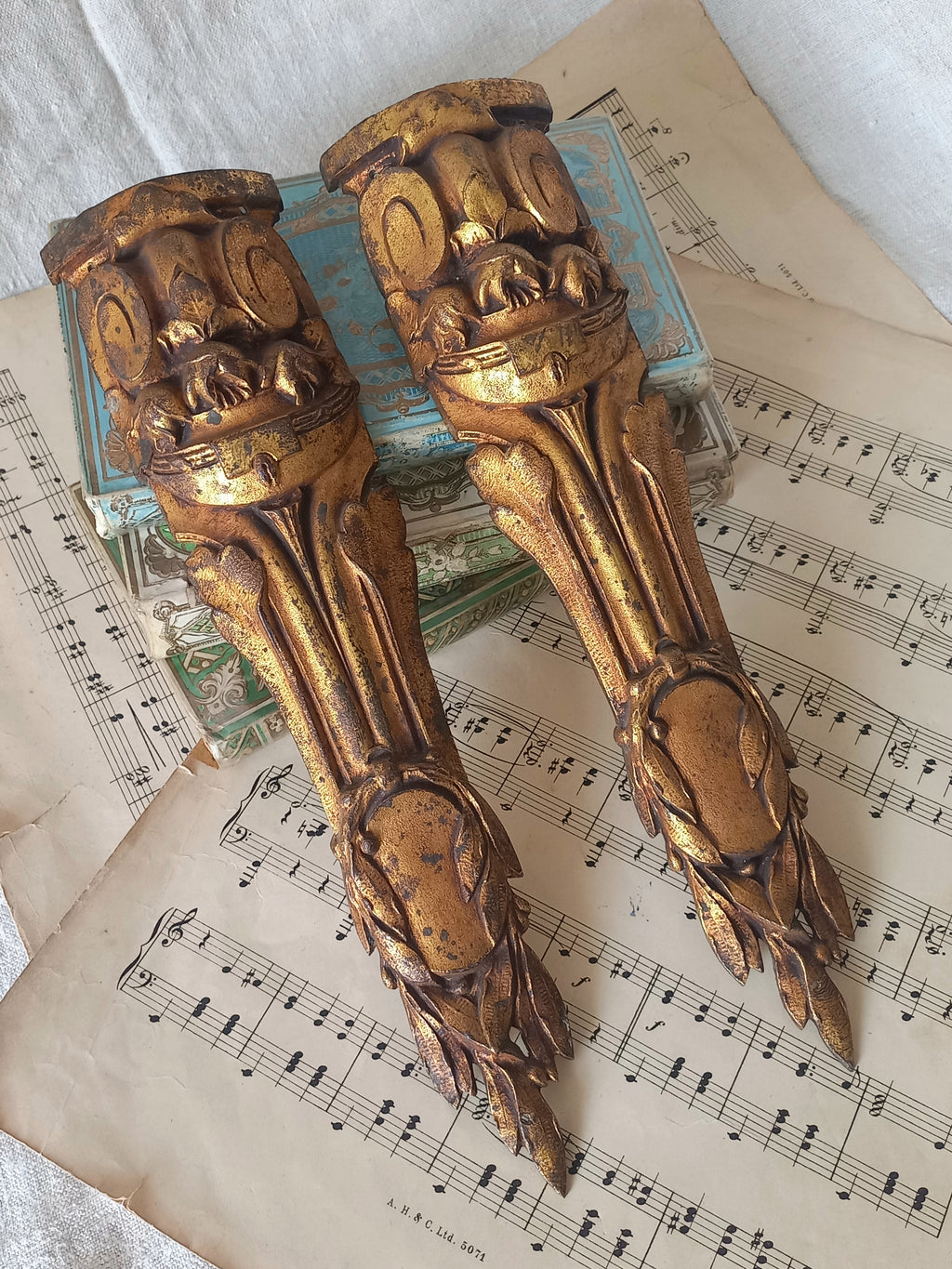 A stunning pair of French antique furniture decorations/ornaments - these salvaged hardware pieces are highly decorative in detail and eye-catching with their wonderful time-worn bronze finishes. 