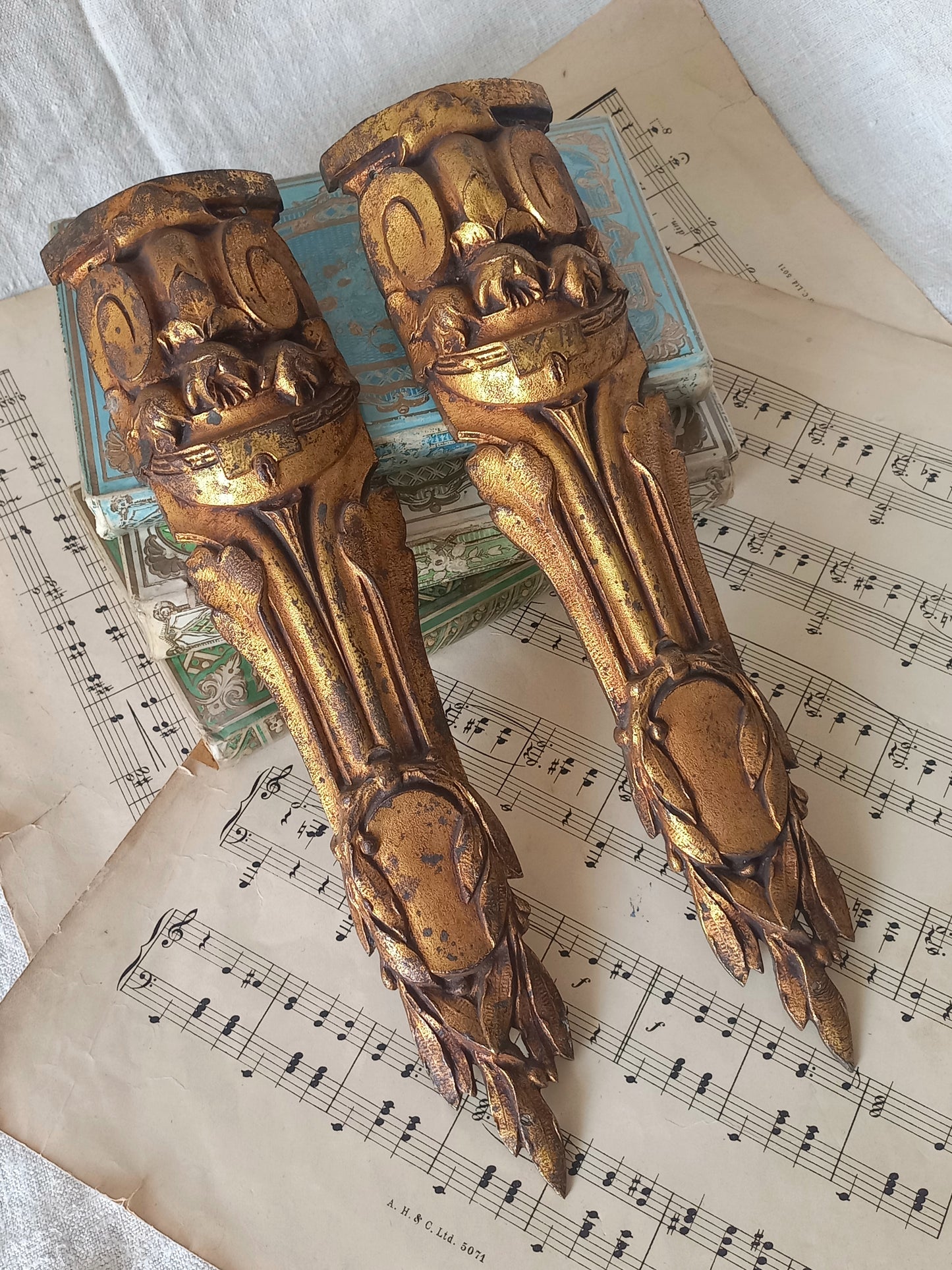 A stunning pair of French antique furniture decorations/ornaments - these salvaged hardware pieces are highly decorative in detail and eye-catching with their wonderful time-worn bronze finishes. 