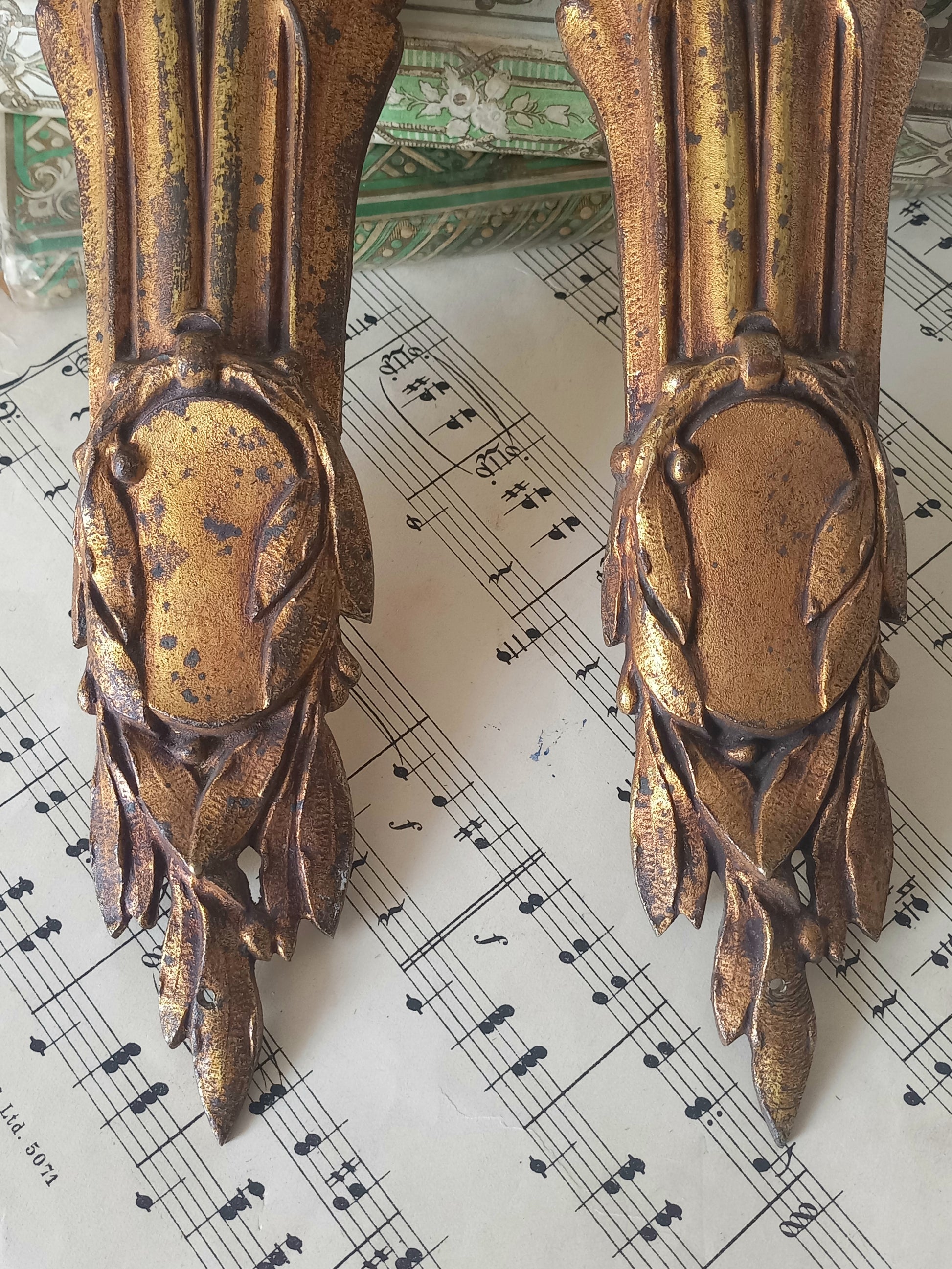 A stunning pair of French antique furniture decorations/ornaments - these salvaged hardware pieces are highly decorative in detail and eye-catching with their wonderful time-worn bronze finishes. 