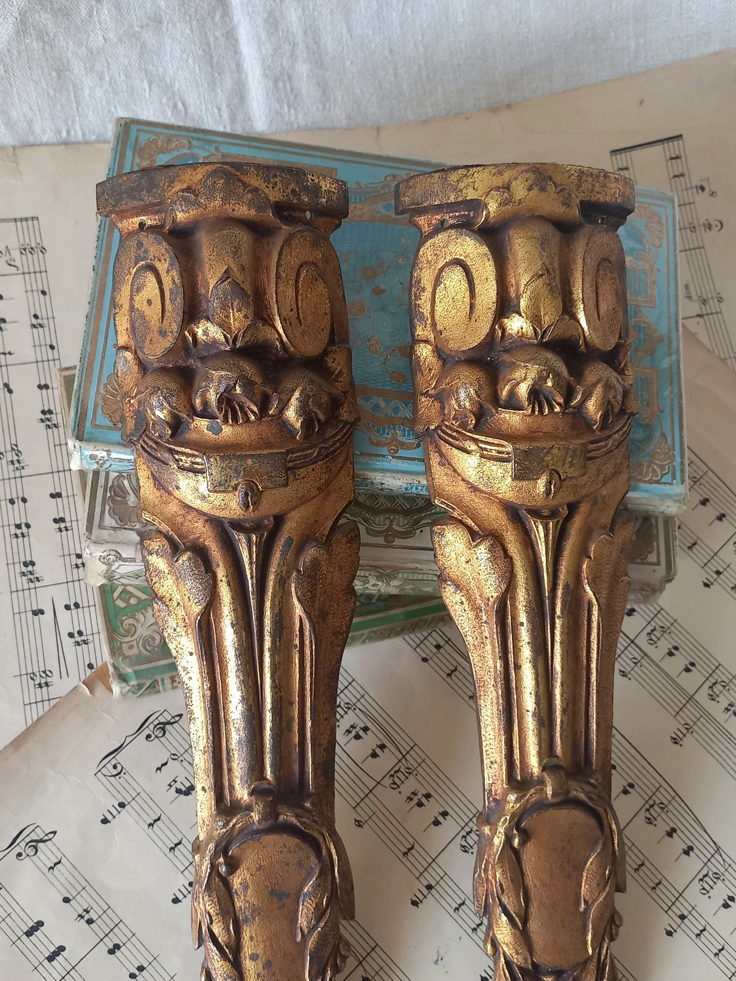 A stunning pair of French antique furniture decorations/ornaments - these salvaged hardware pieces are highly decorative in detail and eye-catching with their wonderful time-worn bronze finishes. 