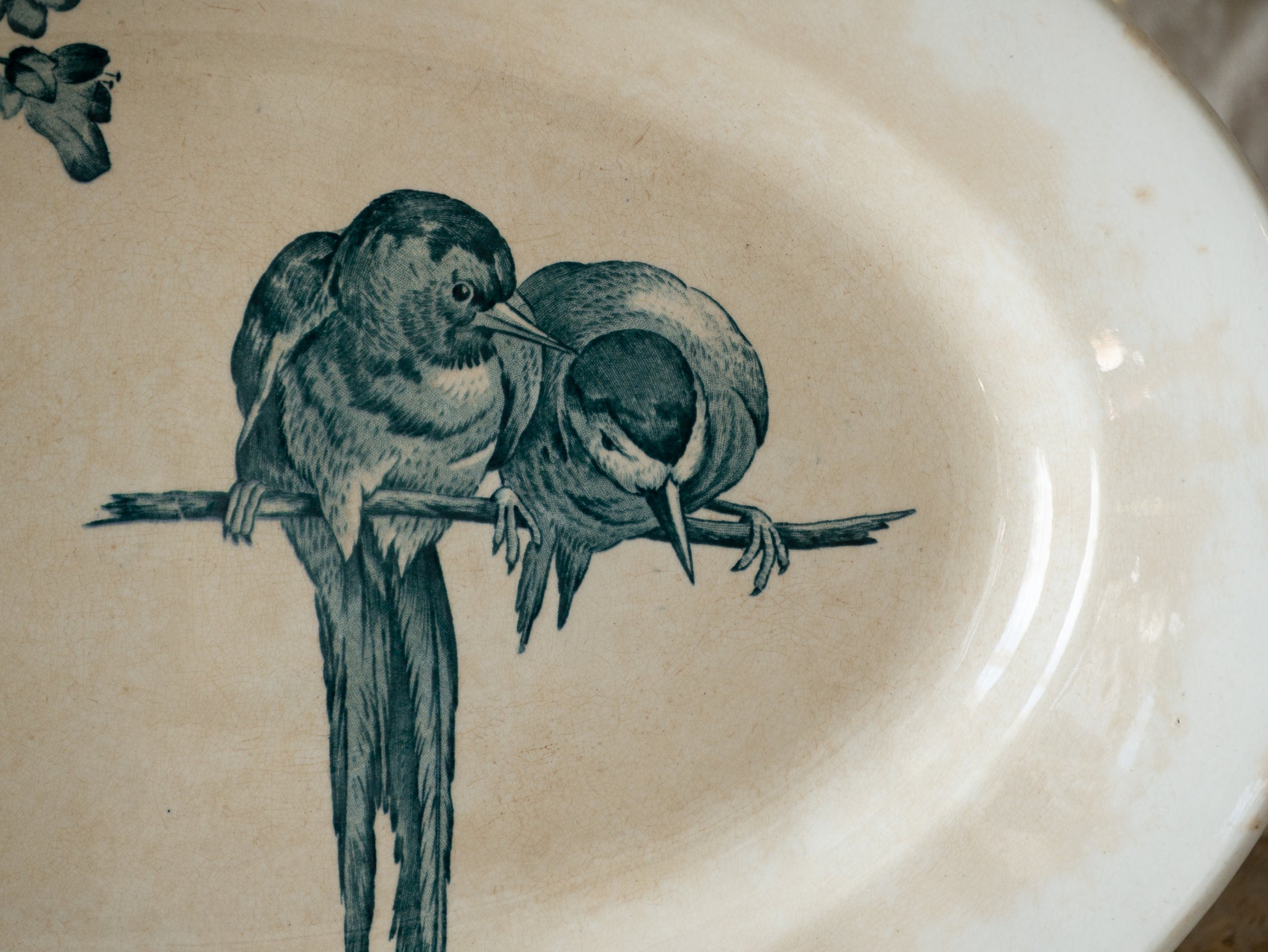 An absolutely stunning large French antique oval ironstone serving plate in a delightful time-worn creamy white with blue transferware pattern depicting two cute birds and flowers. 
