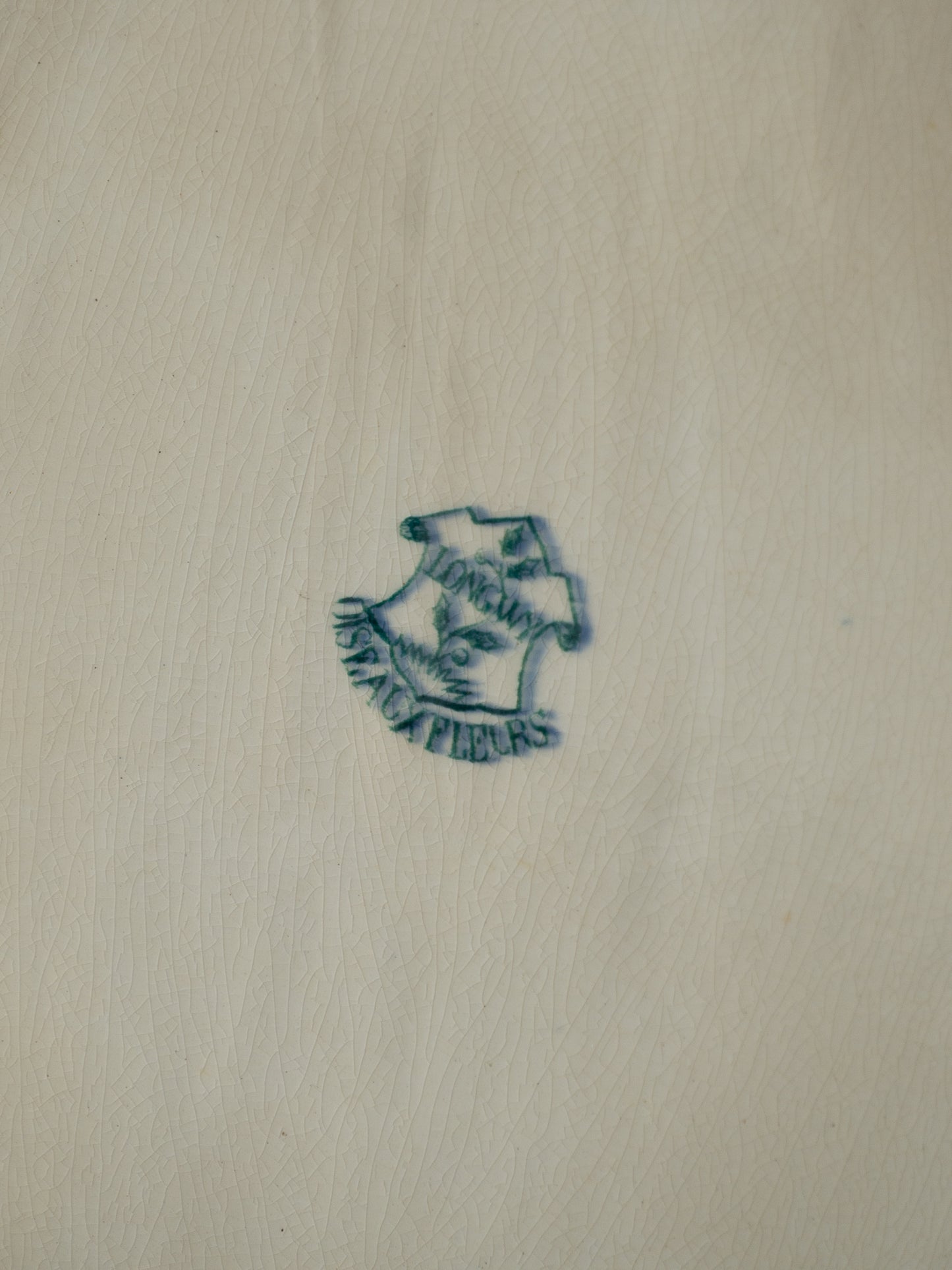 French Antique White Ironstone Oval Serving Plate with Blue Bird and Floral Transferware