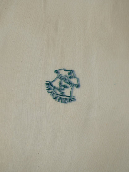 French Antique White Ironstone Oval Serving Plate with Blue Bird and Floral Transferware