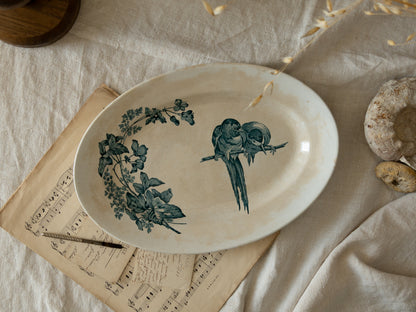 An absolutely stunning large French antique oval ironstone serving plate in a delightful time-worn creamy white with blue transferware pattern depicting two cute birds and flowers. 