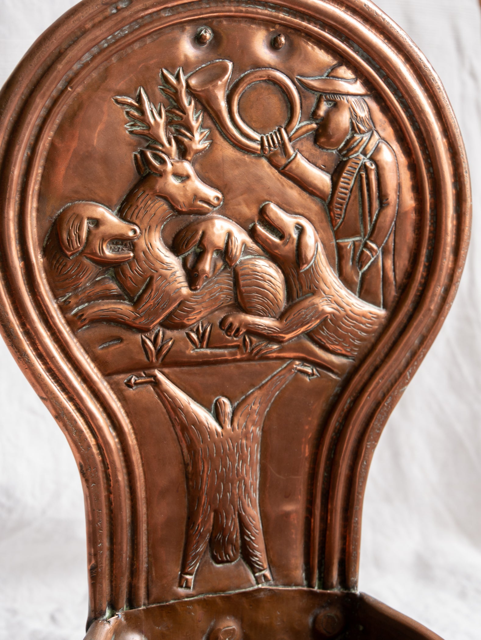 Copper vintage/antique wall-mounted planter with a hunting scene 