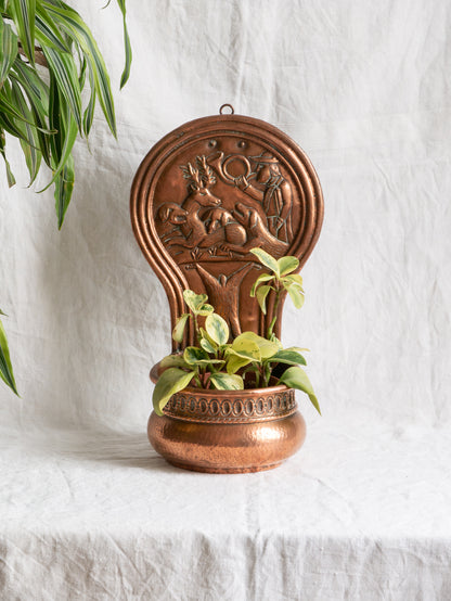 Copper vintage/antique wall-mounted planter with a hunting scene 