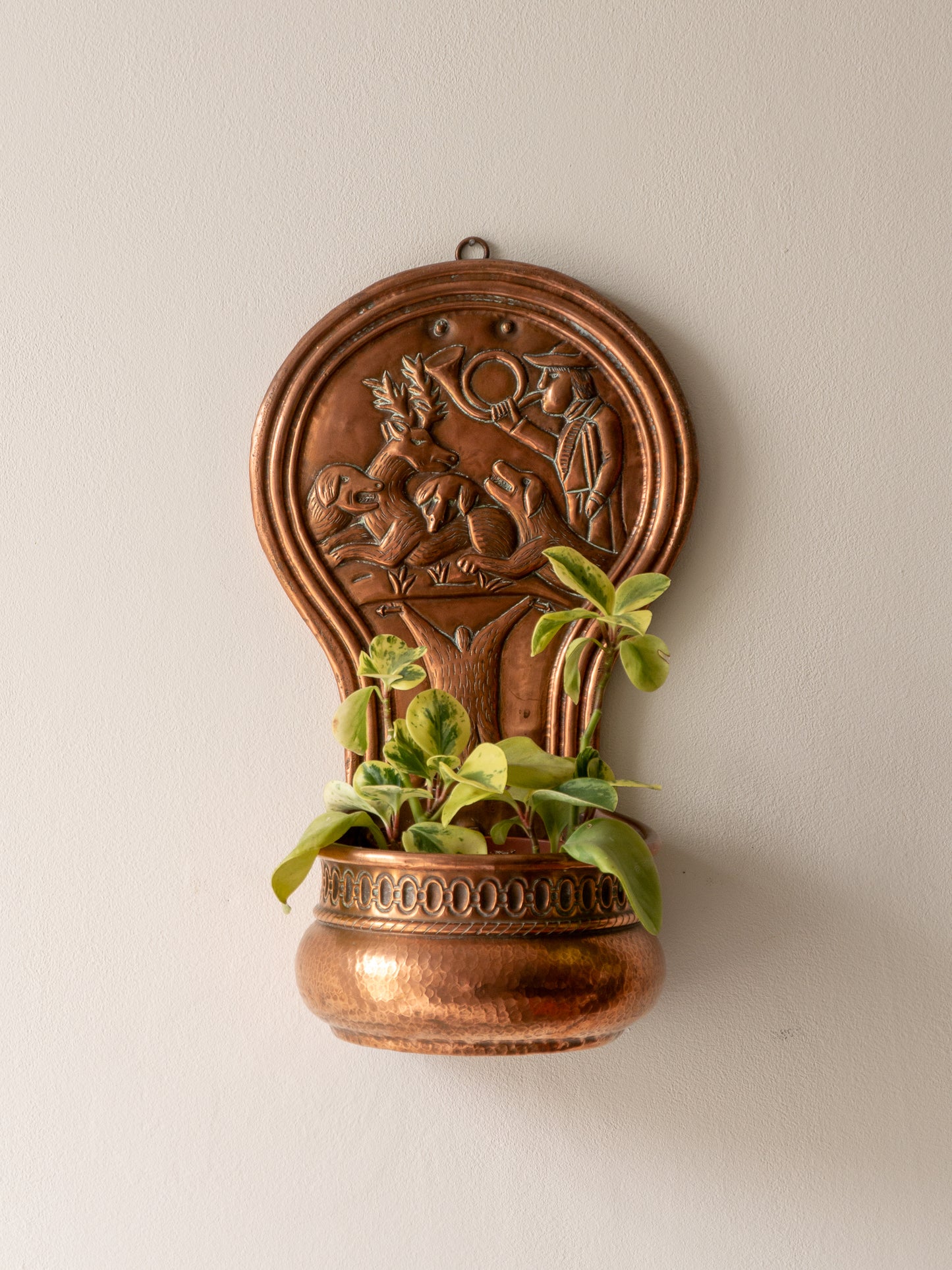 Copper vintage/antique wall-mounted planter with a hunting scene 