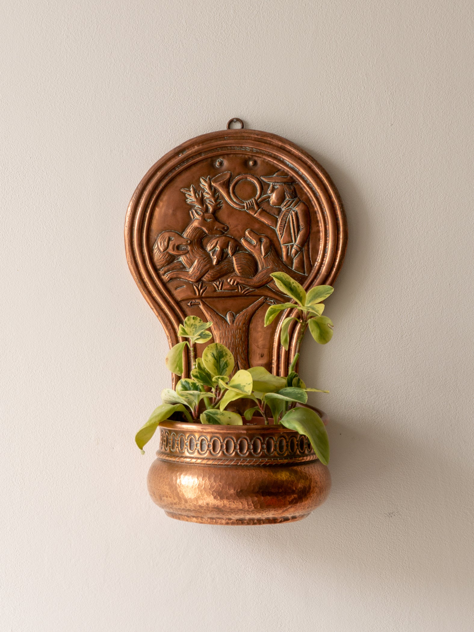 Copper vintage/antique wall-mounted planter with a hunting scene 