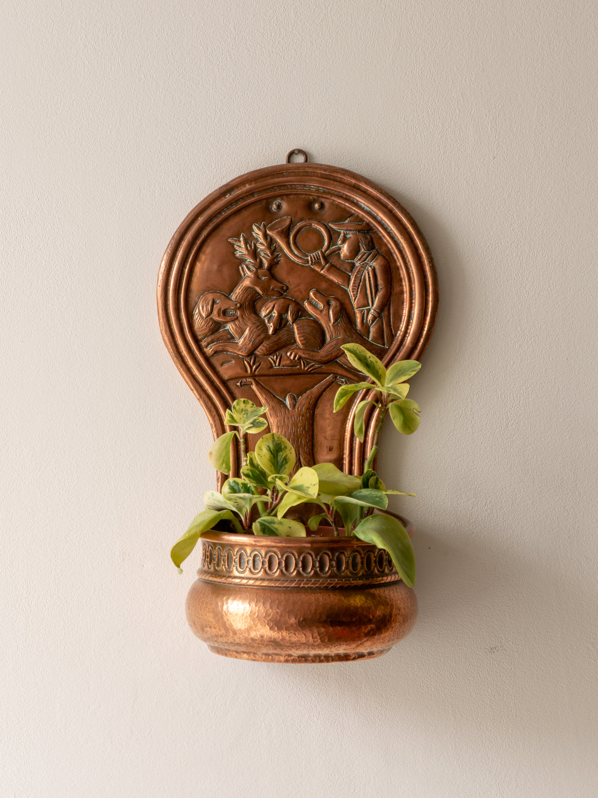 Copper vintage/antique wall-mounted planter with a hunting scene 