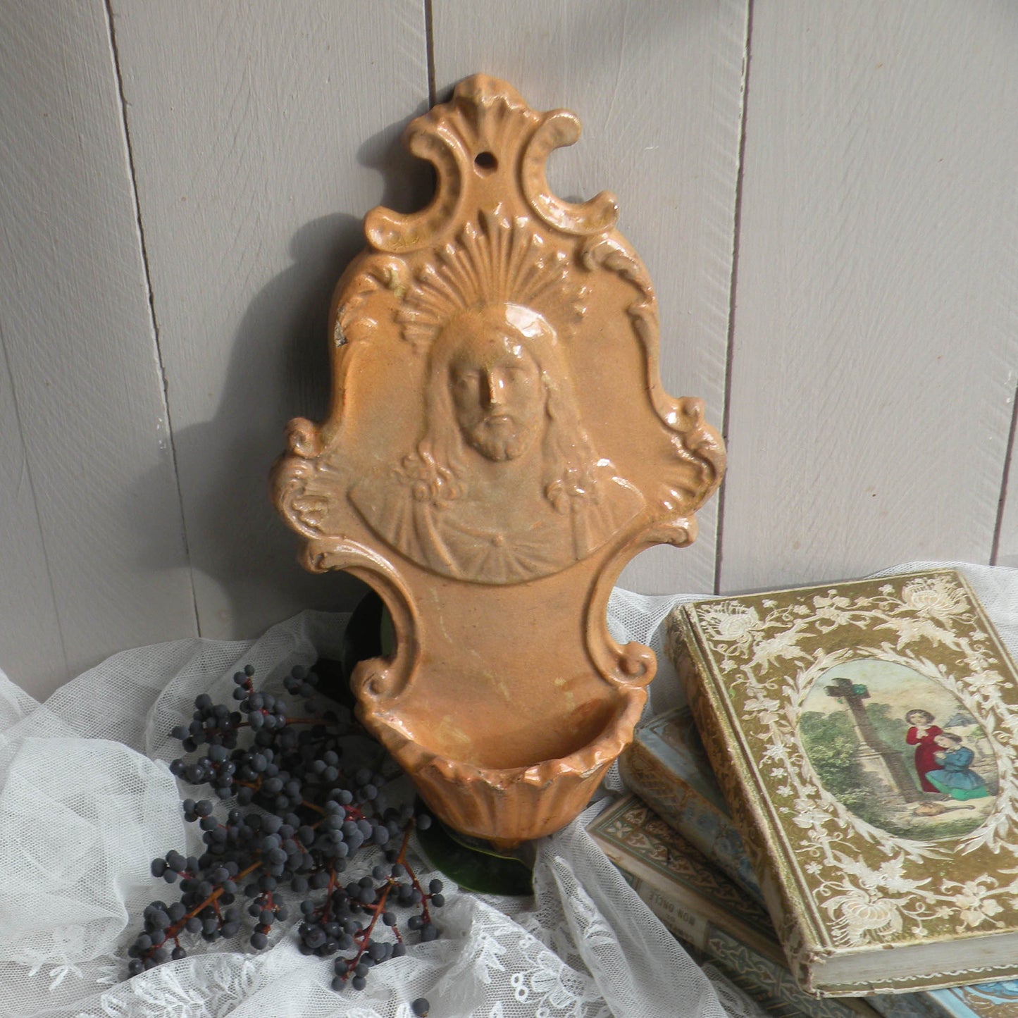 French Antique Religious Ceramic Holy Water Font