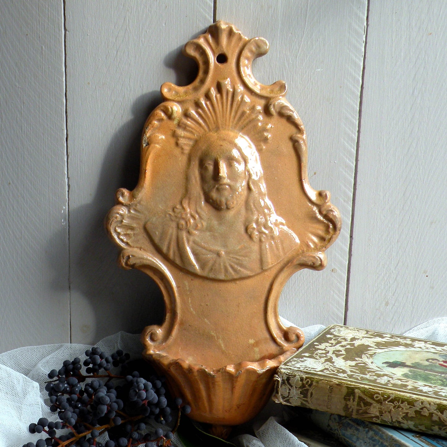 French Antique Religious Ceramic Holy Water Font