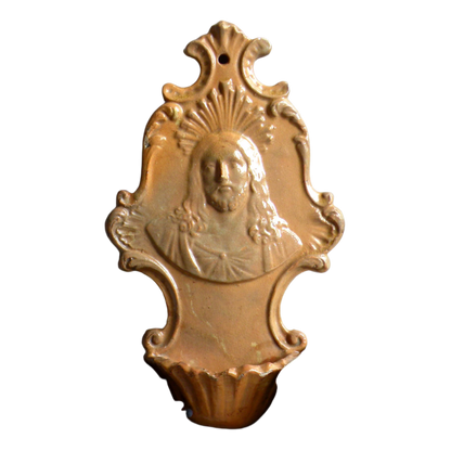 French Antique Religious Ceramic Holy Water Font