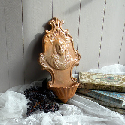 French Antique Religious Ceramic Holy Water Font