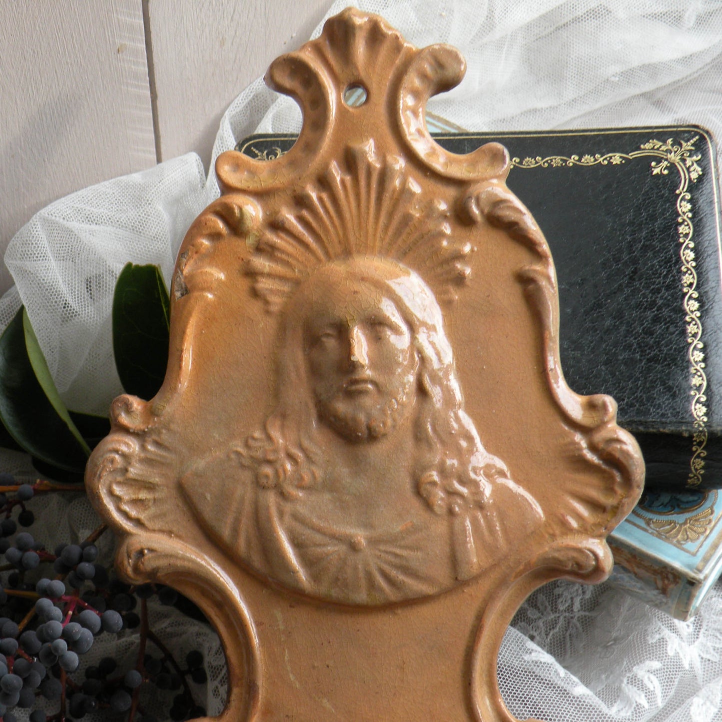 French Antique Religious Ceramic Holy Water Font