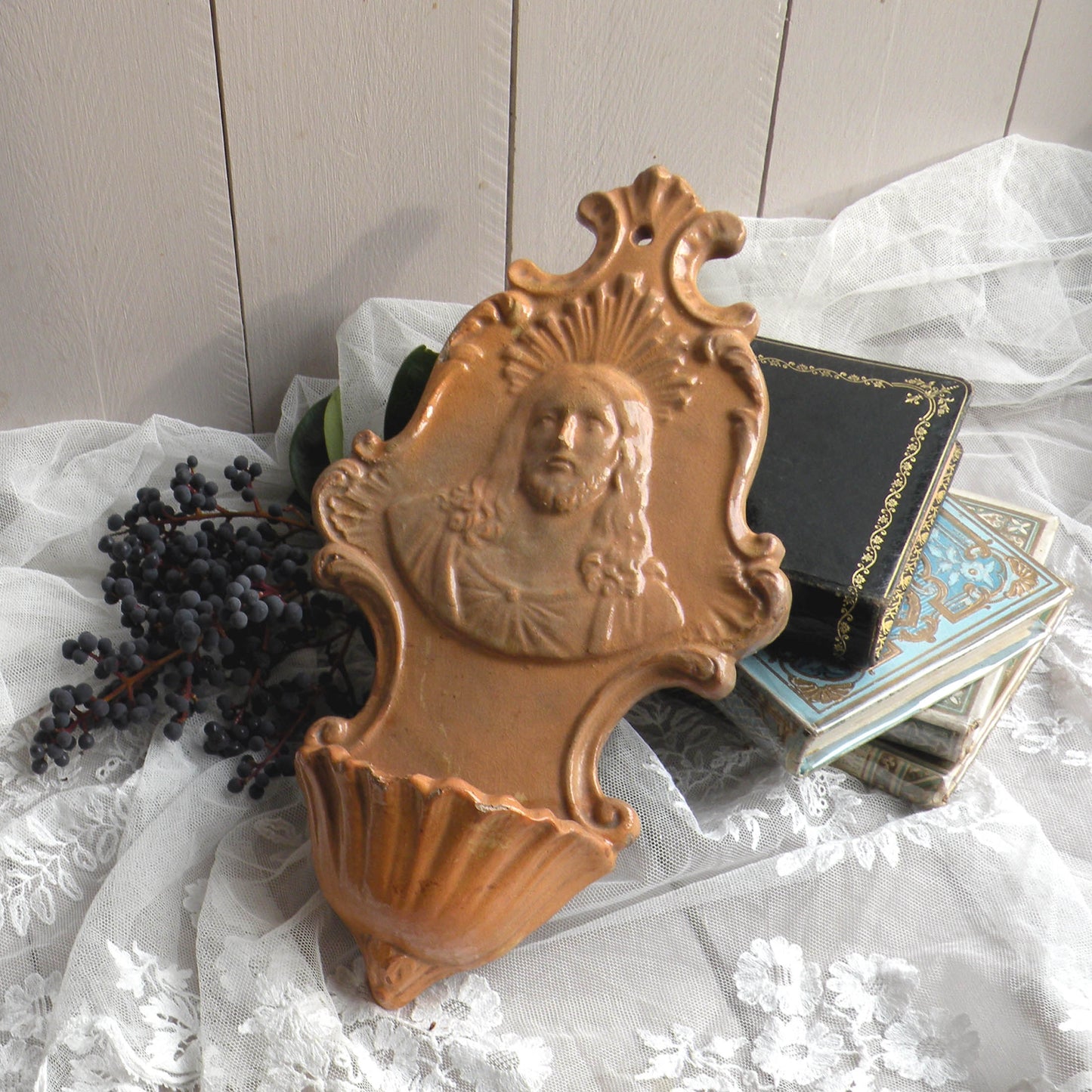 French Antique Religious Ceramic Holy Water Font